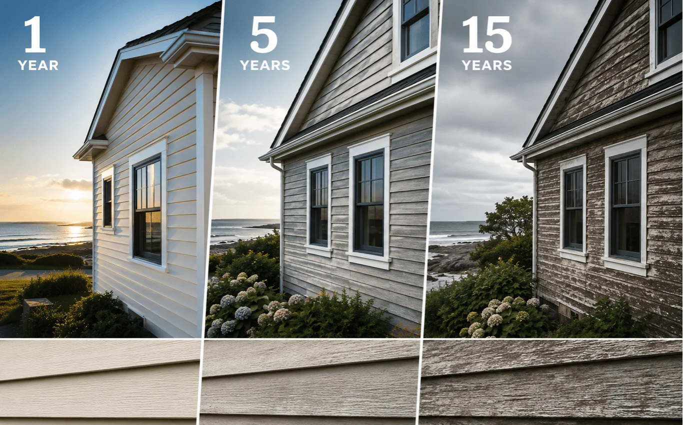 Coastal home siding showing natural aging and weathering after 1, 5, and 15 years of exposure.