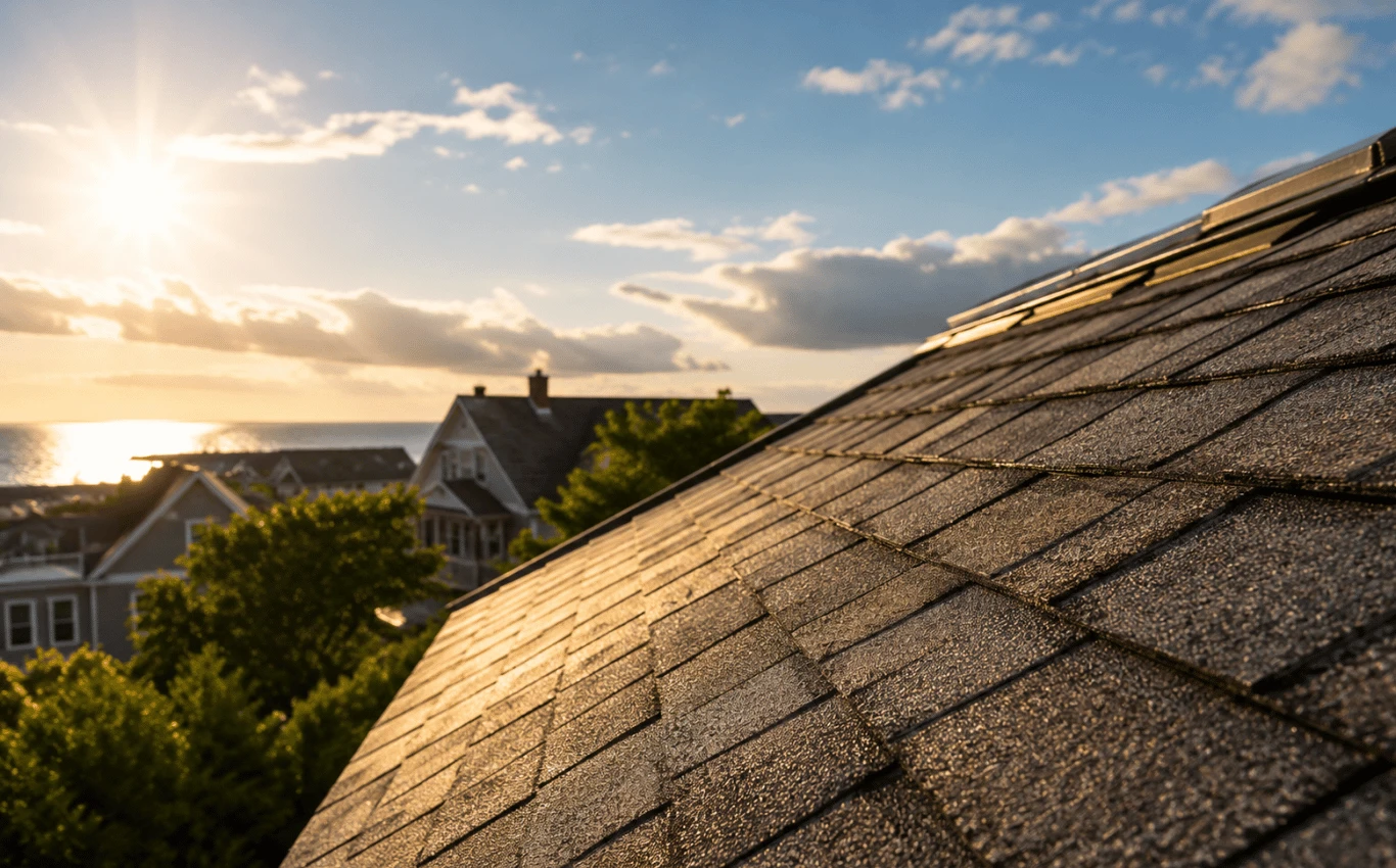 Close-up of a sunlit asphalt shingle roof on a coastal home in Westhampton, NY, illustrating the effects of intense summer heat, UV exposure, and Long Island's coastal climate on residential roofing.