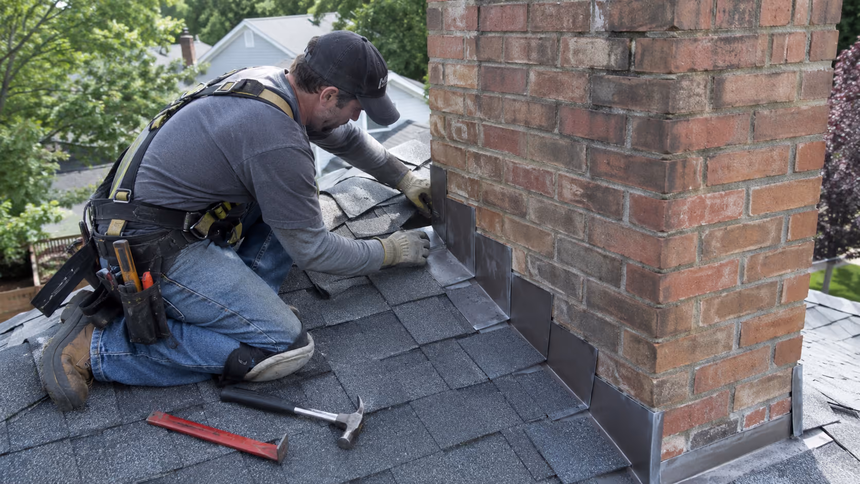 Partial roof replacement in progress, showing exposed wooden framing and new shingles being installed on a residential home.