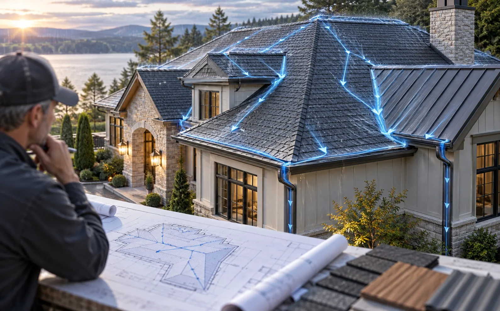 Architect reviewing roof plans beside a luxury home with blue water-flow paths showing drainage through roof slopes, valleys, gutters, and downspouts.