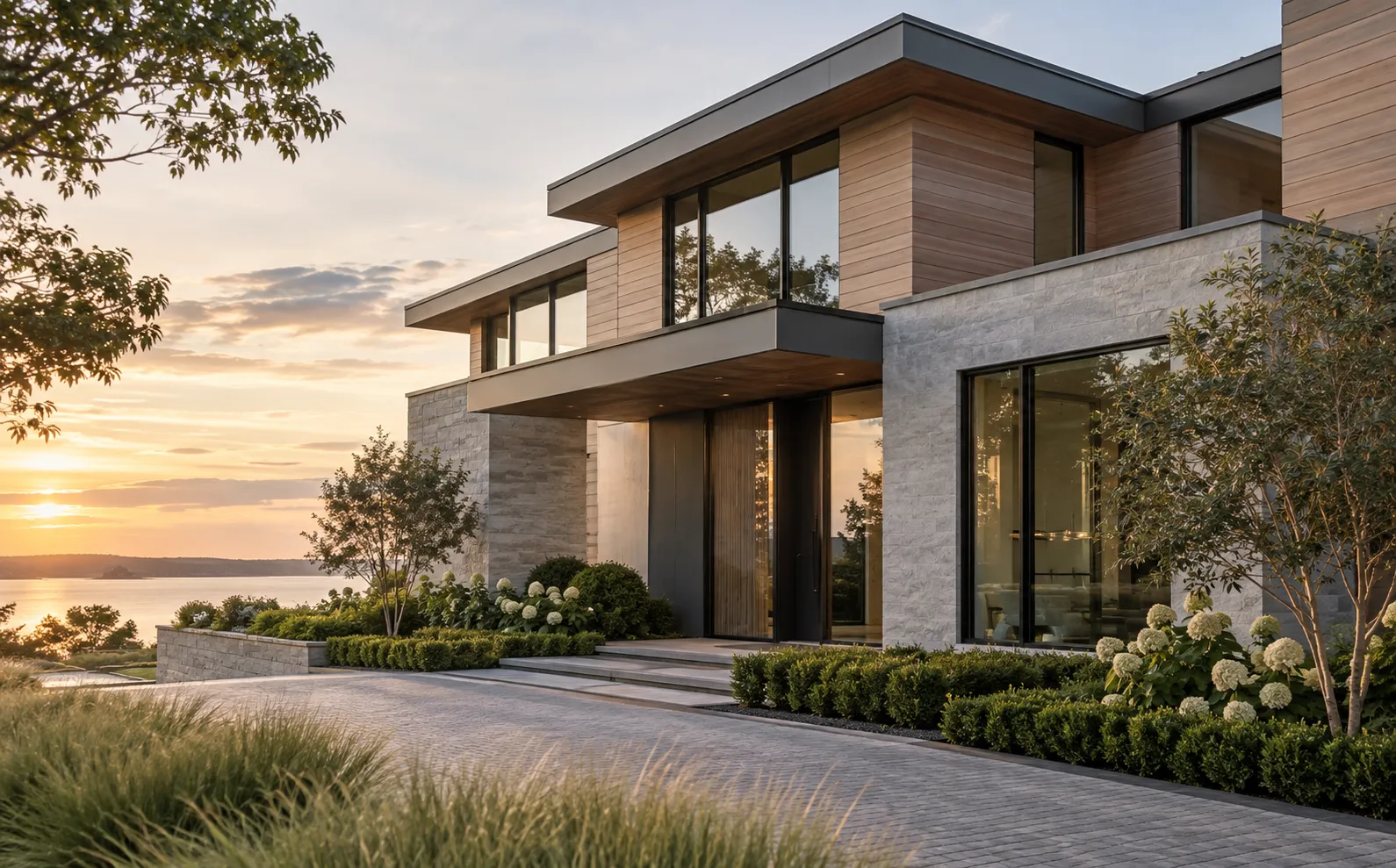Modern luxury home with clean rooflines, subtle metal detailing, stone and wood siding, and large windows overlooking the water at sunset.