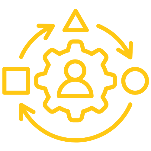 Yellow gear icon with a user silhouette in the center surrounded by a clockwise circular arrow connecting a square, triangle, and circle.