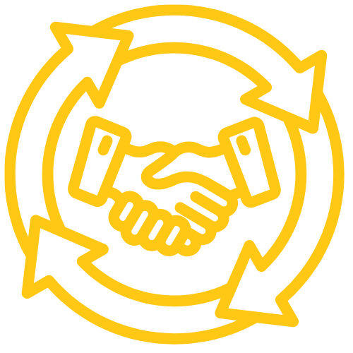 Yellow outline of a handshake surrounded by three circular arrows indicating ongoing agreement or partnership.
