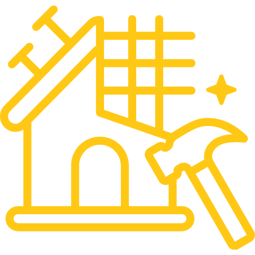 Yellow line art icon of a house under renovation with a hammer and sparkles.