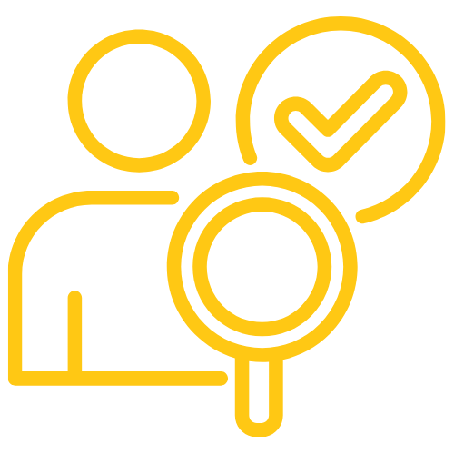 Yellow line icon of a person with a magnifying glass and a checkmark symbol.