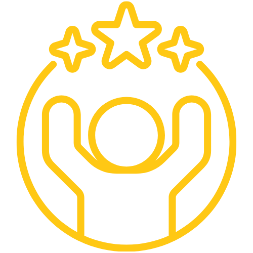 Yellow outline of a person with raised arms surrounded by three stars, symbolizing confidence or achievement.