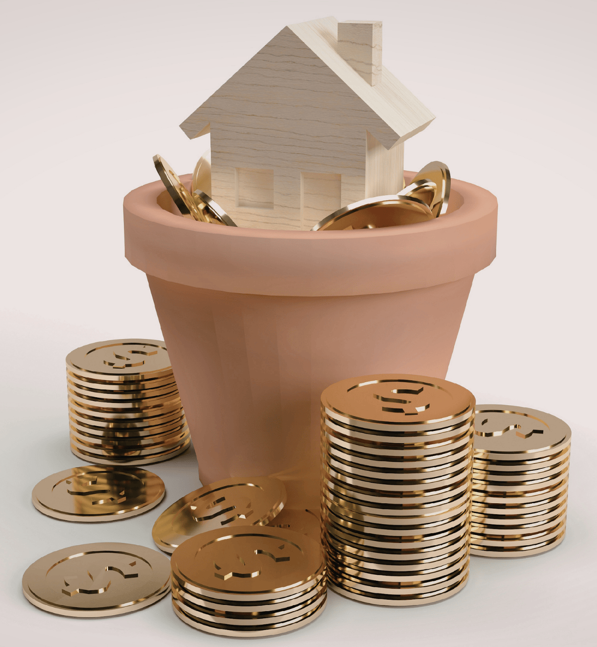 Wooden house model in a clay pot surrounded by stacks of gold coins with dollar signs.