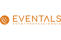 Eventals Logo mit orangefarbenen Kreisen und Text für Eventprofis