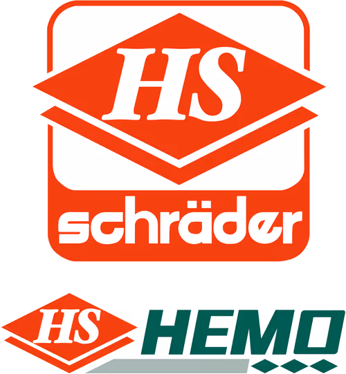 HS Schrader und Hemo Logo in Rot und Grün mit Diamantform