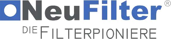 NeuFilter Firmenlogo mit blauem Symbol und grauem Schriftzug