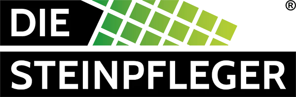 Steinpfleger Logo mit schwarzem Hintergrund und grünen Rasterelementen