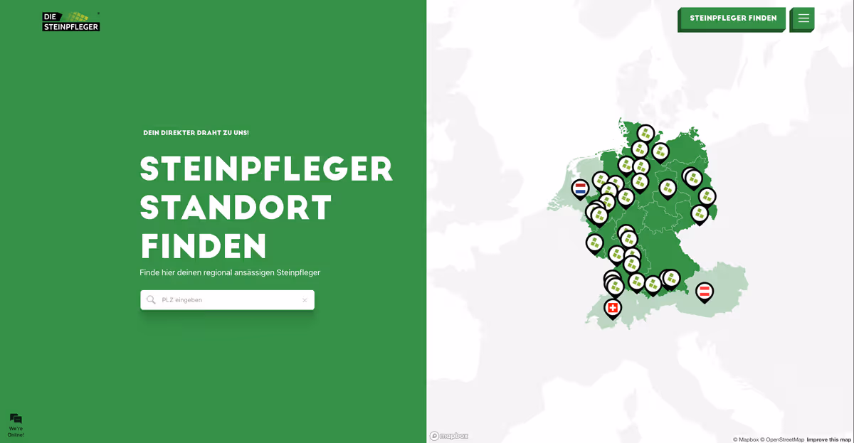 Grüne Karte von Deutschland mit Standorten für Steinpfleger-Suche
