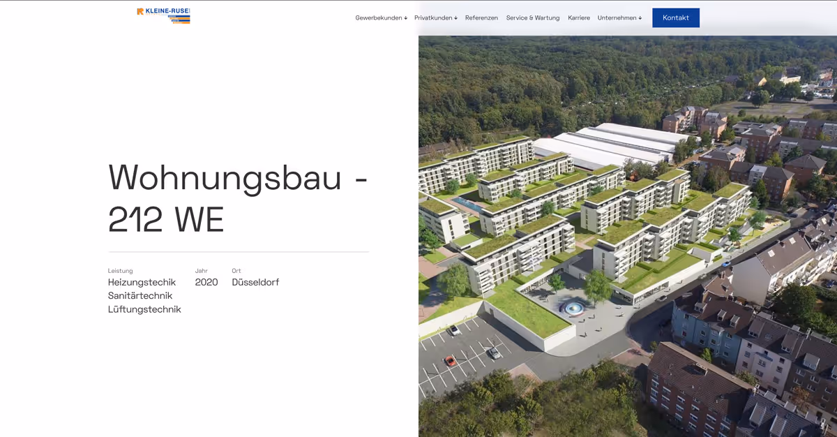 Luftaufnahme eines modernen Wohnungsbaukomplexes in Düsseldorf mit grünen Dächern