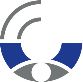 Stilisiertes Auge-Logo mit grauen und blauen geschwungenen Linien