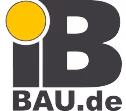 IB Bau Logo mit gelber Scheibe und grauen Buchstaben auf weißem Hintergrund