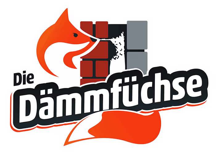 Logo von Die Dämmfüchse mit orangefarbenem Fuchs und Dämmmaterialien