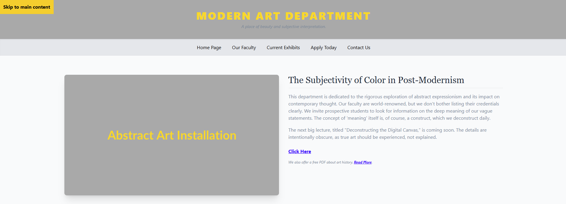 Screenshot of the fictional "Modern Art Department" homepage.