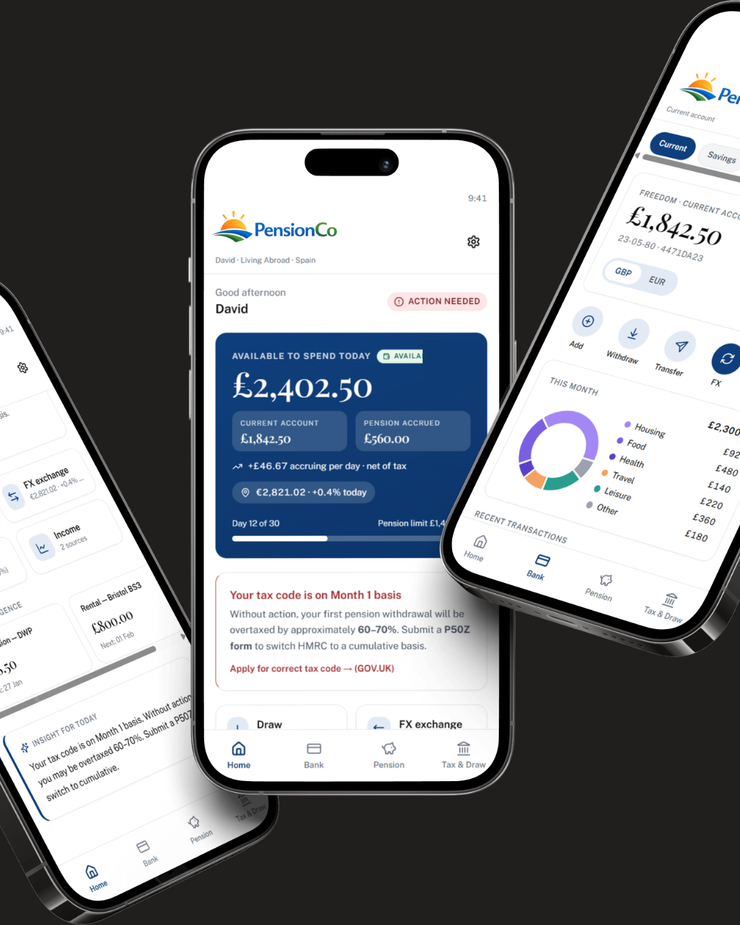 Freedom mobile app screen showing Pensions, savings and current accounts