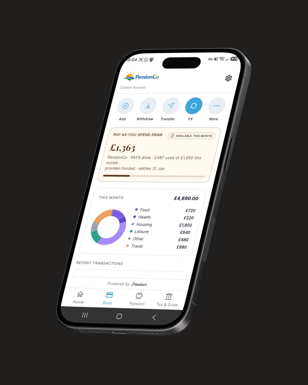 Smartphone screen displaying a budgeting app with spending targets for groceries, restaurants, and entertainment, and a circular chart showing total spending of £510.00.
