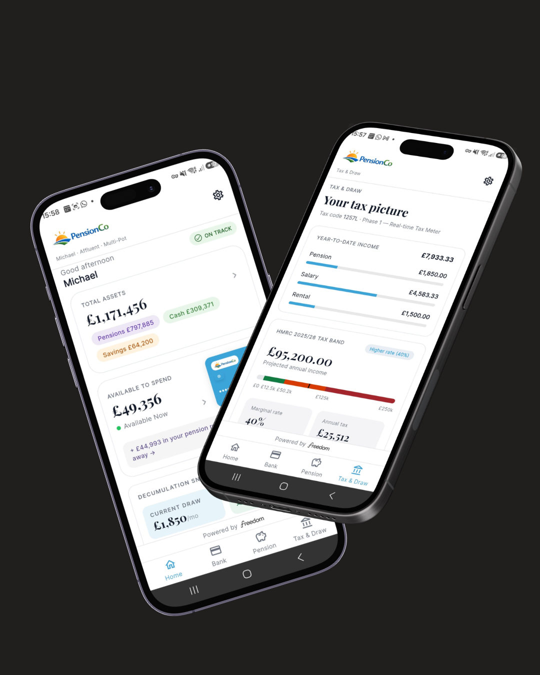 Two smartphones displaying a Freedom app transfer process: one shows a review transfer of £2,500 from Savings to Current account, the other shows a transfer in progress message with a notification timeline.