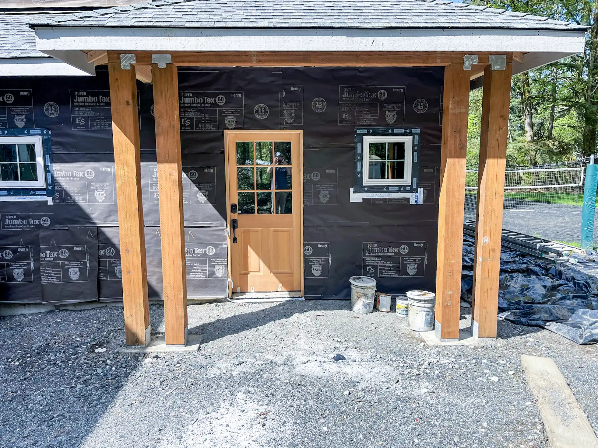 Photo of the exterior entrance during remodel.