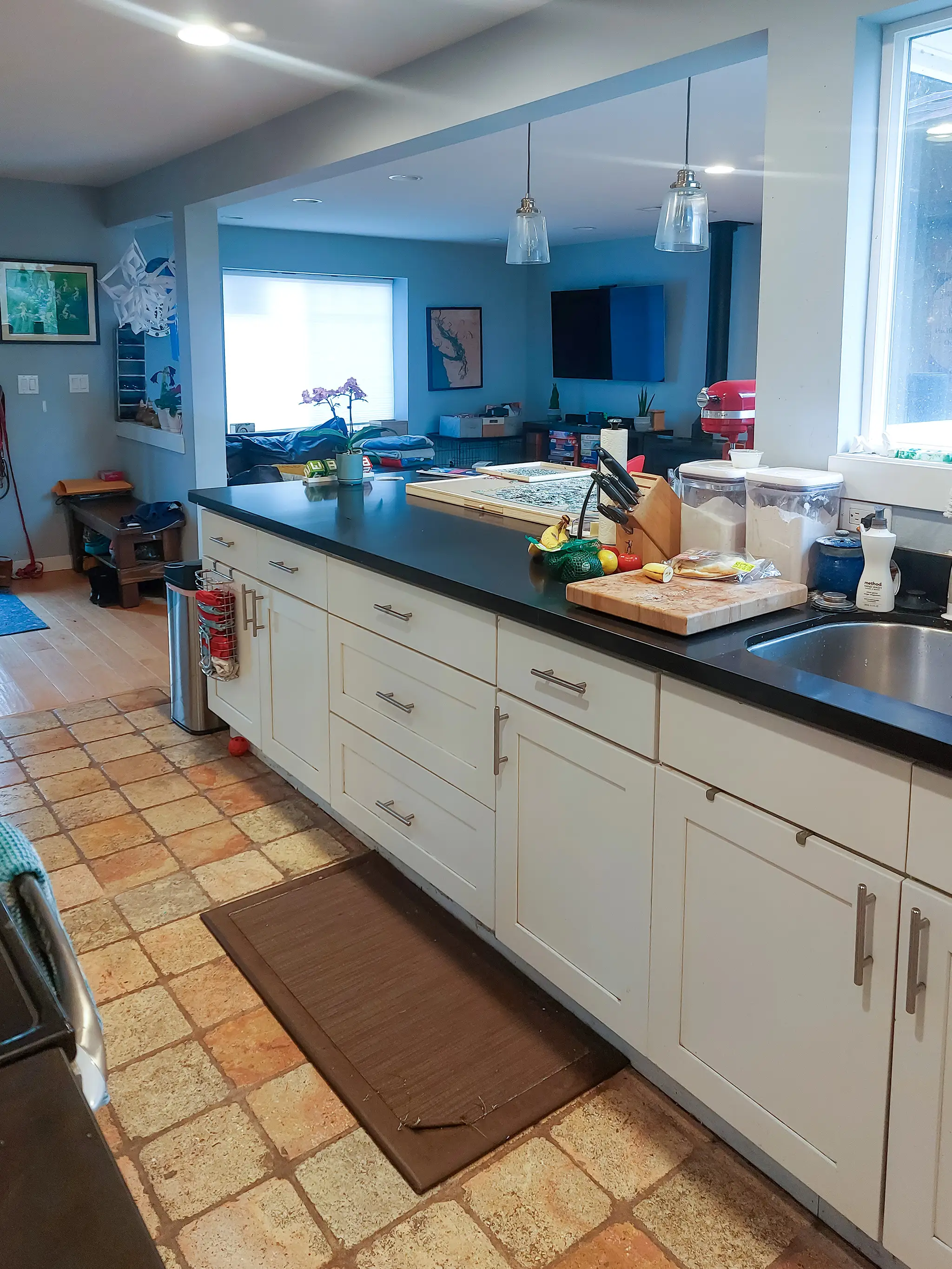 Angled view of the kitchen in a Kirkland, WA rambler before a whole-home remodel.