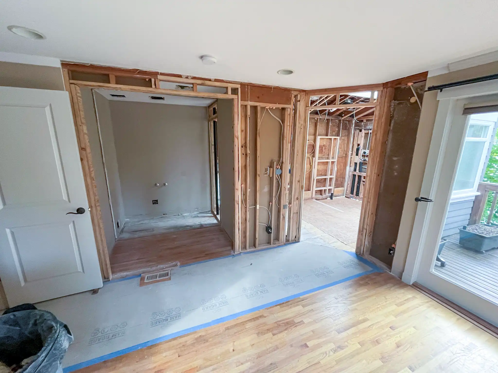 New flooring being installed during the Kirkland, WA kitchen and bathroom remodel.