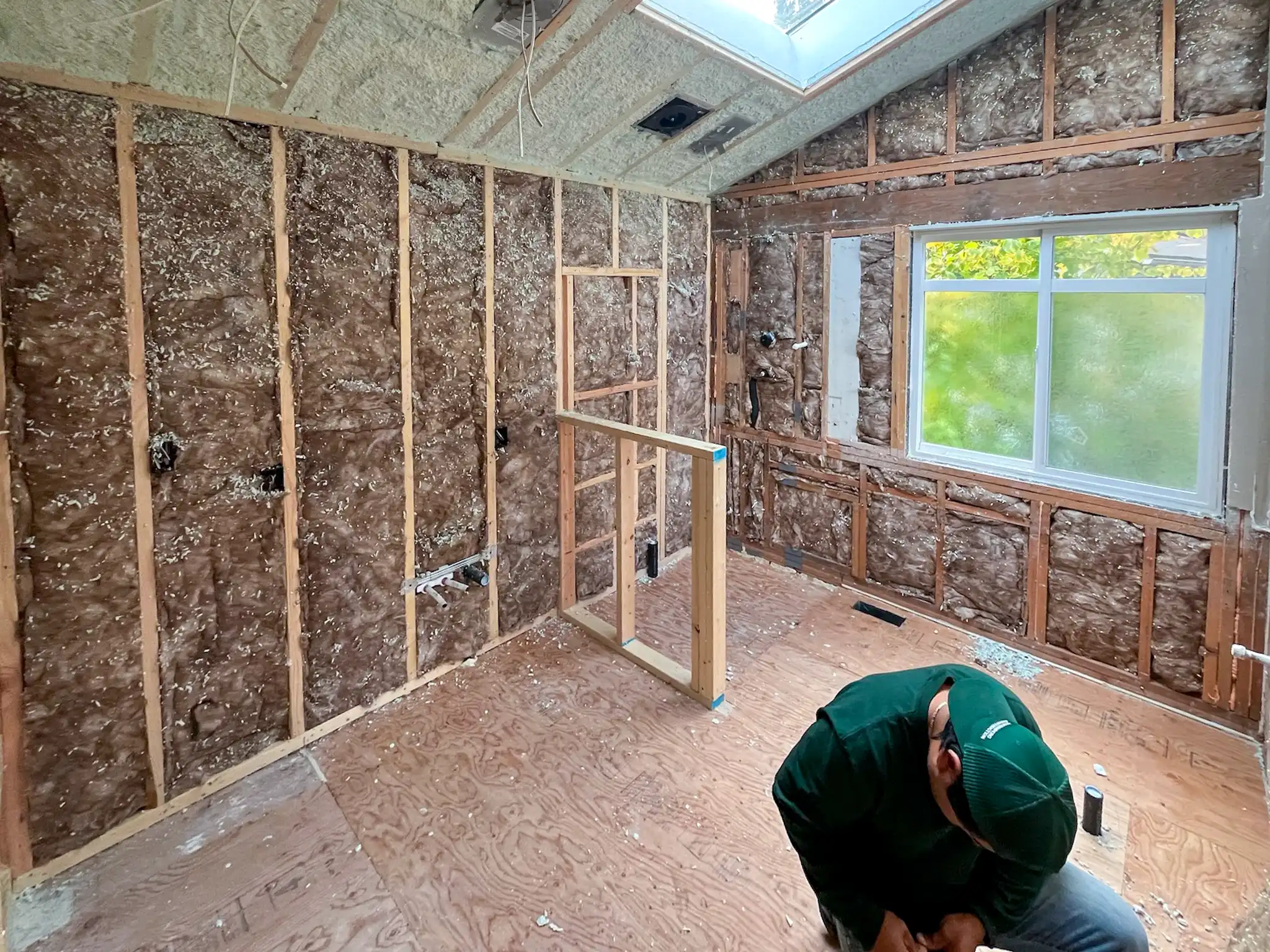 Interior room stripped to the studs during the Kirkland, WA kitchen and bathroom remodel.