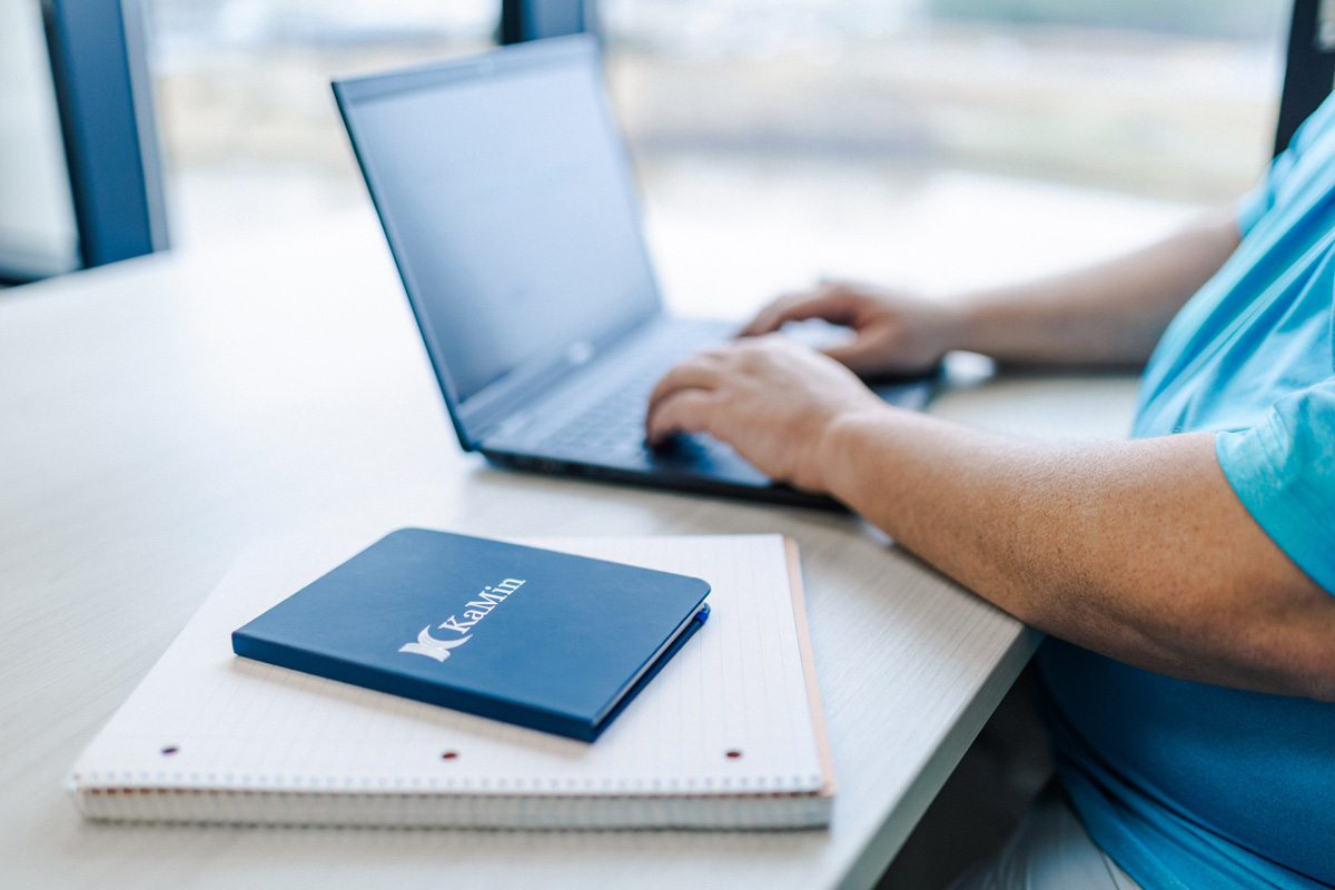 kamin employee working on laptop