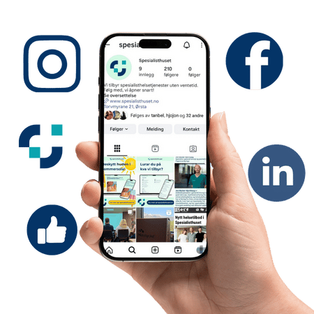 Hånd som holder en mobiltelefon som viser Spesialisthuset sin Instagram-profil, omgitt av ikoner for Instagram, Facebook, LinkedIn og tommel opp.