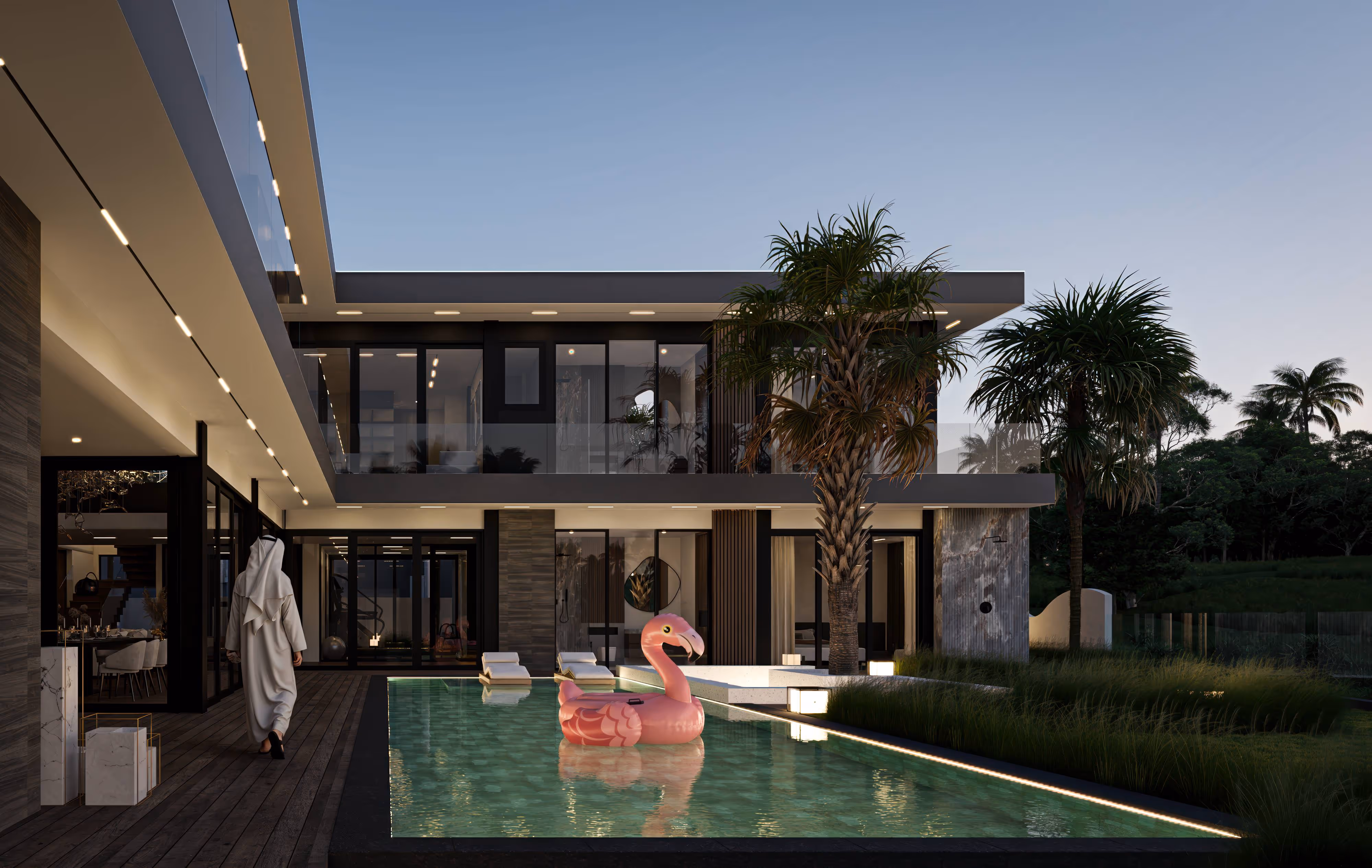 Modern two-story house with large glass windows and a pool featuring a pink flamingo float at dusk.