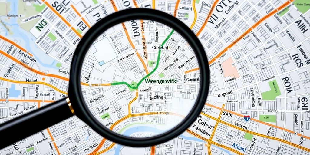 Vergrößerungsglas über einer Stadtkarte mit markanten Orten.