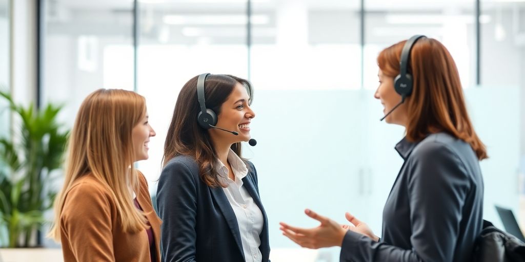 Kundenservice-Mitarbeiter spricht mit zufriedenen Kunden.