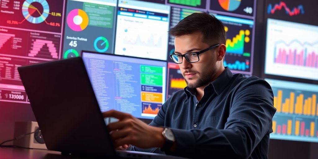 Professionelle Person analysiert strukturierte Daten am Laptop.