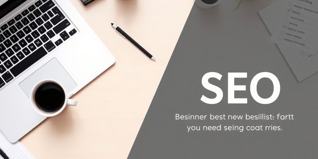 Arbeitsplatz mit Laptop, Kaffee und SEO-Materialien.