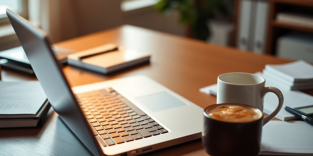 Laptop und Notizblöcke auf einem Schreibtisch.