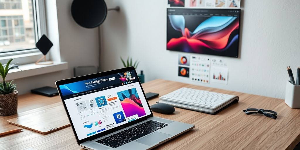 Moderne Arbeitsumgebung mit Designwerkzeugen und Laptop.