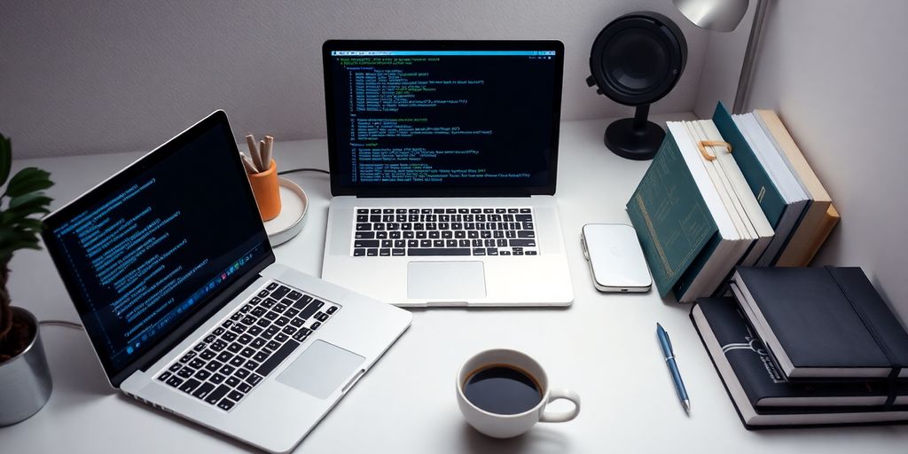 Ordentlicher Arbeitsplatz mit Laptop und Coding-Büchern.