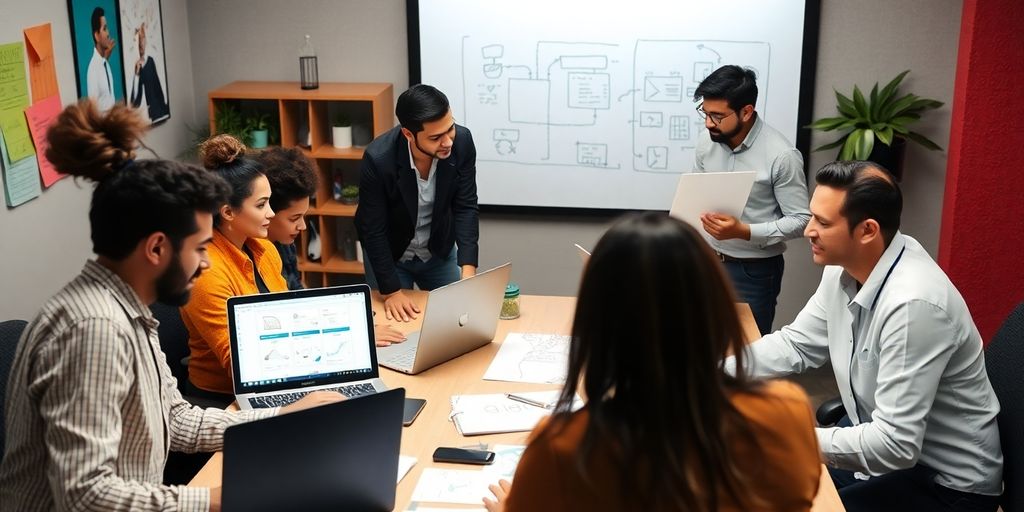 Teamarbeit am Laptop in einem kreativen Arbeitsumfeld.