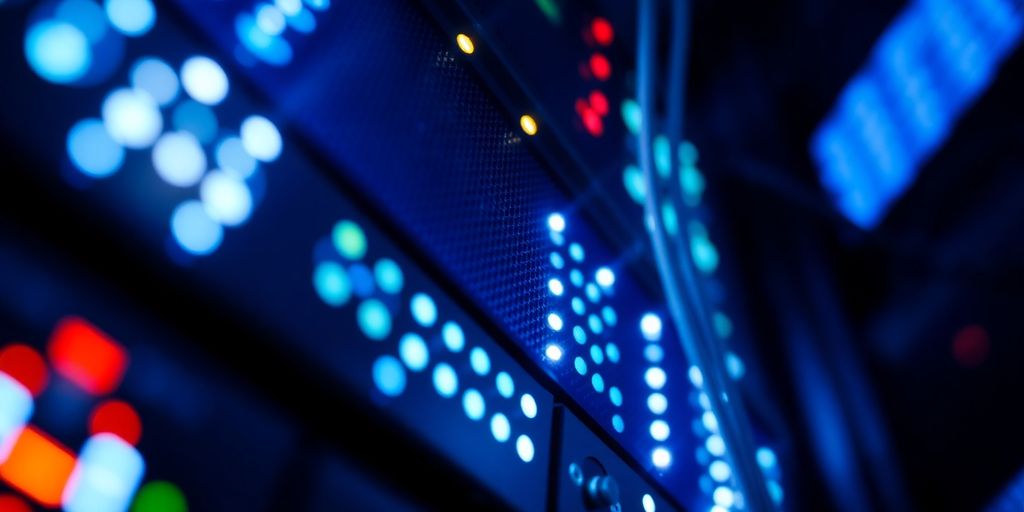Nahaufnahme eines Serverraums mit blinkenden Lichtern.
