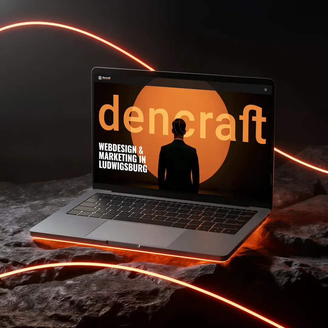 Laptop mit geöffneter Website der dencraft Werbeagentur aus Ludwigsburg, spezialisiert auf Webdesign und Marketing, mit modernem orange-schwarzem Design und leuchtenden Akzenten.