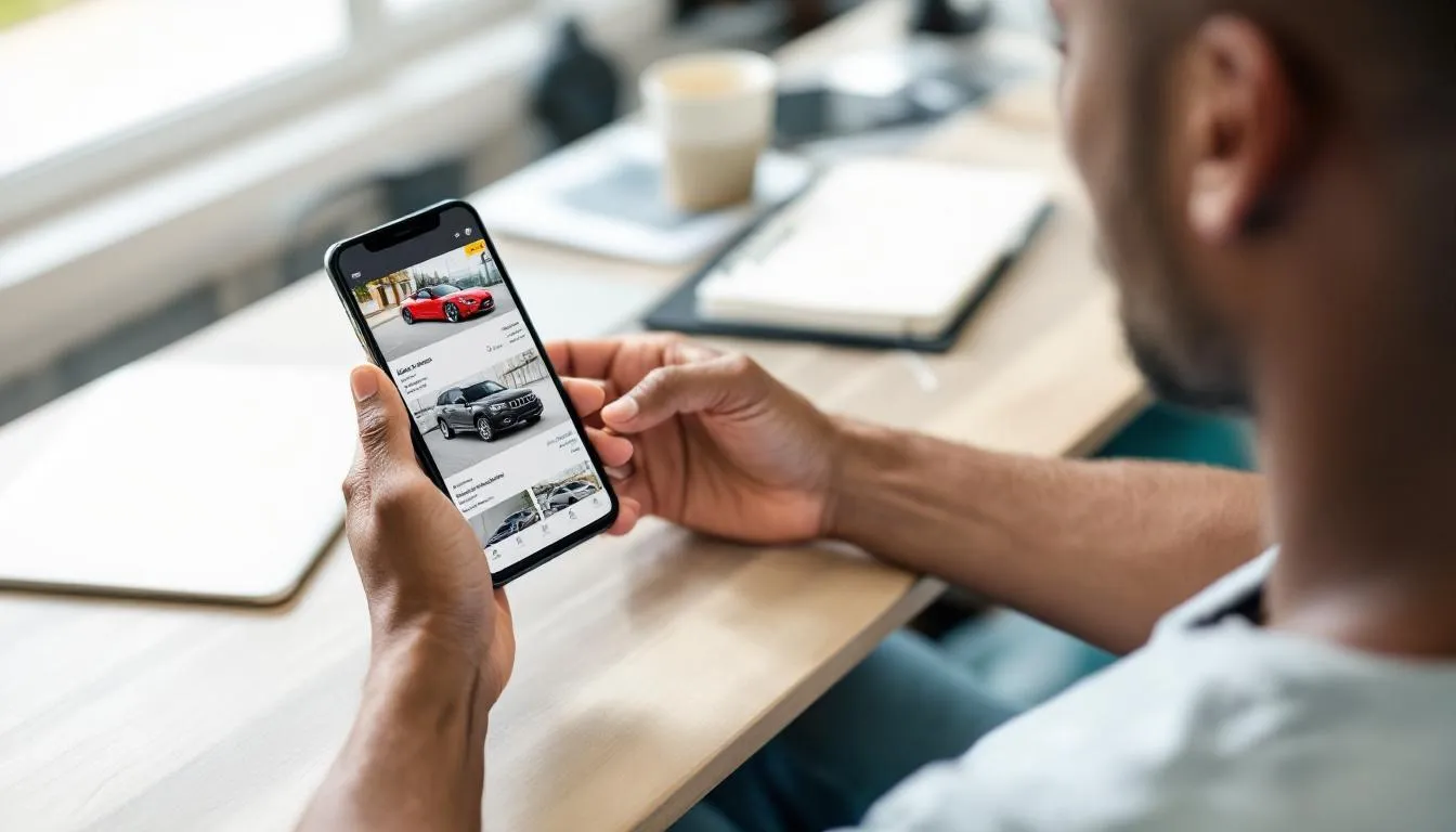 A person is using a mobile phone to browse an automotive website featuring various car listings, highlighting the process of generating car sales leads for potential buyers. The interface displays options for different vehicles, emphasizing the convenience of internet car sales for car dealerships.