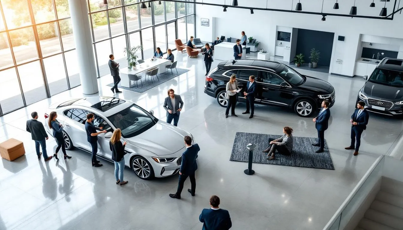 In a modern car dealership showroom, customers are actively browsing a variety of vehicles while sales staff assist them, creating a vibrant atmosphere for car sales. This scene highlights the engaging customer experience and the potential for generating car sales leads through effective dealership marketing.