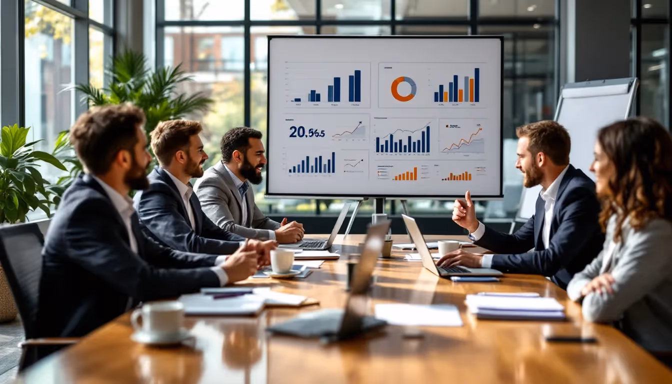 A diverse sales team collaborates around a conference table, equipped with laptops and charts, discussing strategies for engaging prospects and closing deals. They focus on leveraging signal data and intent signals to enhance their marketing efforts and better understand the buyer's journey.