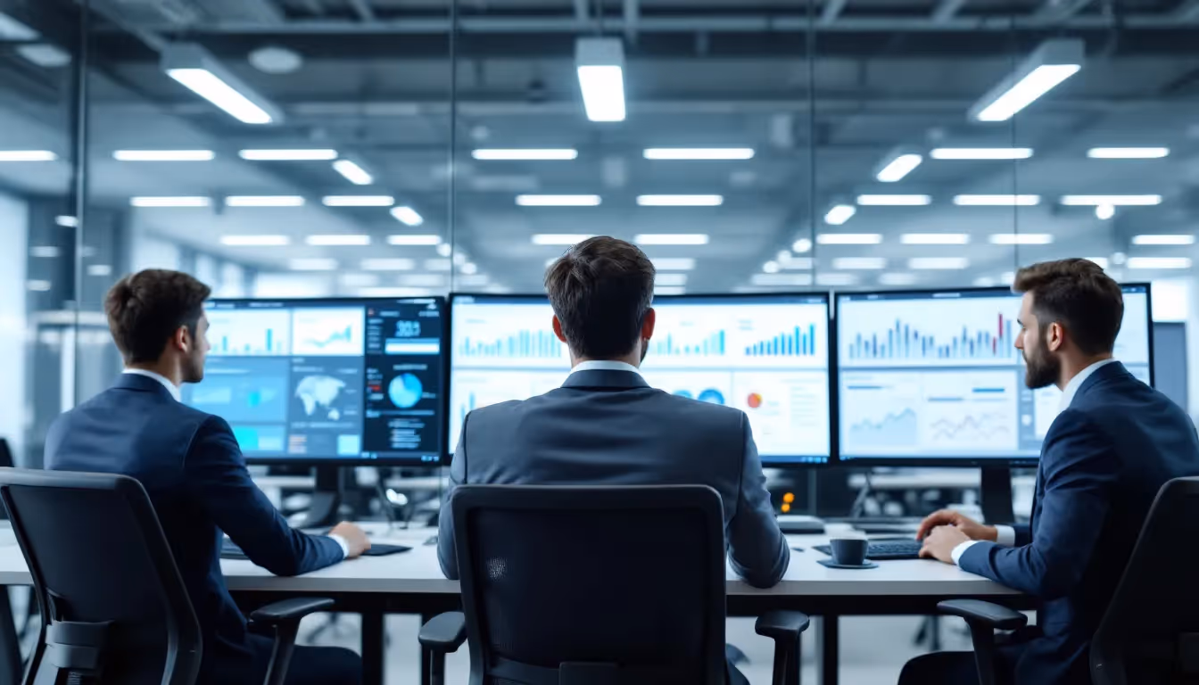 In a modern office setting, sales professionals are intently analyzing performance charts displayed on large monitors, focusing on data points that inform their strategies for signal-based selling. The environment is collaborative, with team members discussing insights to enhance their marketing efforts and engage prospects effectively throughout the buyer's journey.