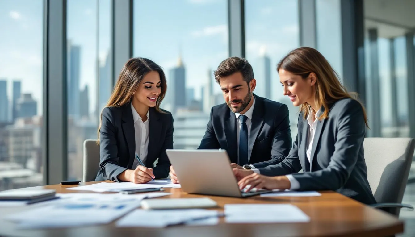 A group of business professionals is engaged in a discussion about their social selling strategy, focusing on leveraging social media platforms to build relationships with potential customers. They are collaborating on effective social selling techniques to enhance their sales efforts and improve engagement with their target audience.