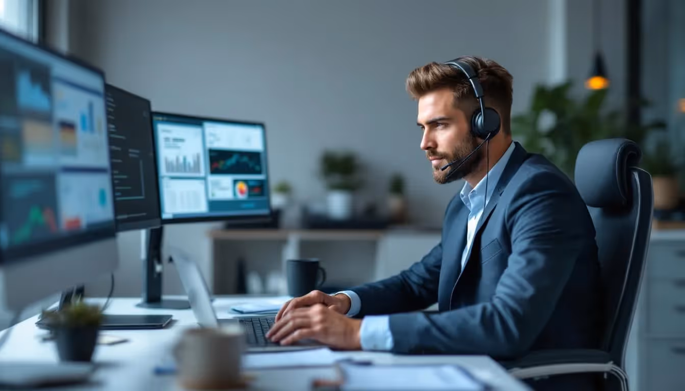 A sales professional is engaged in phone calls while analyzing multiple computer screens filled with prospect information, showcasing a dynamic sales engagement strategy. This scene highlights the importance of leveraging technology and data accuracy in sales activities to enhance customer interactions and drive revenue growth.