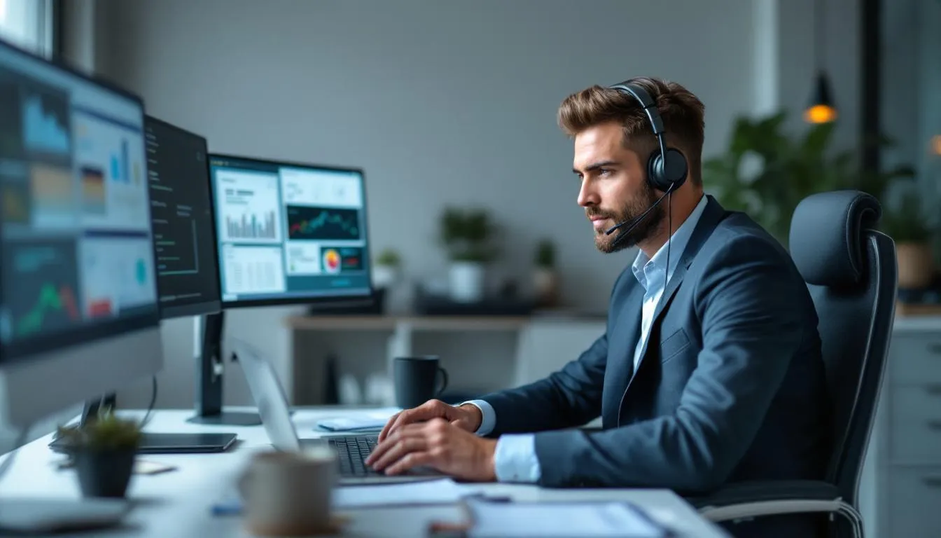 A sales professional is engaged in phone calls while analyzing multiple computer screens filled with prospect information, showcasing a dynamic sales engagement strategy. This scene highlights the importance of leveraging technology and data accuracy in sales activities to enhance customer interactions and drive revenue growth.