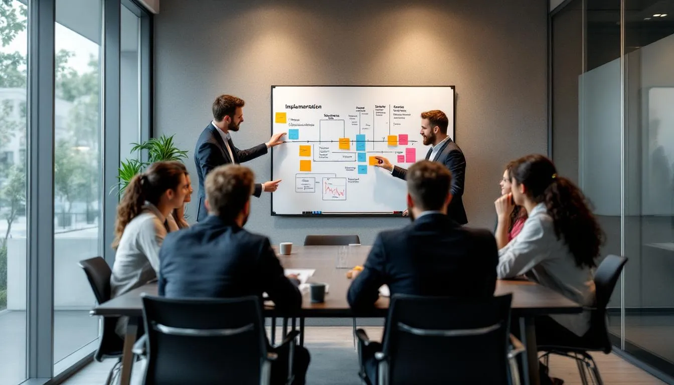 A diverse group of sales professionals is engaged in a team meeting in a conference room, with a whiteboard displaying an implementation timeline and strategic diagrams for improving sales performance and customer engagement. The session focuses on enhancing the sales engagement strategy to optimize the sales cycle and drive revenue growth.