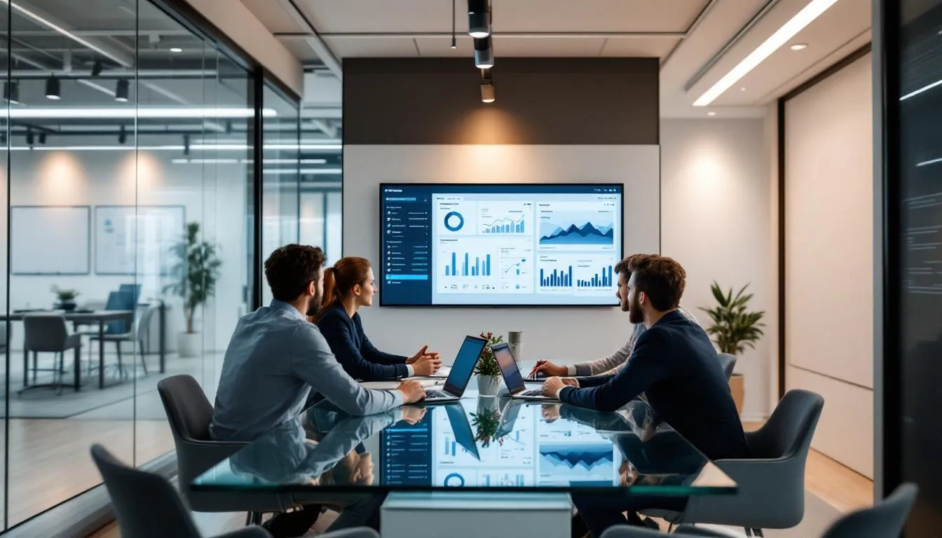 A diverse sales team collaborates in a modern office environment, surrounded by multiple screens displaying analytics dashboards that provide insights into sales performance and customer data. This scene highlights the importance of leveraging technology and effective sales engagement strategies to drive revenue growth and enhance customer relationships.